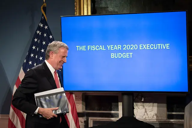 Mayor Bill de Blasio announces his Fiscal Year 2020 Executive Budget in the Blue Room at City Hall on Thursday April 25, 2019